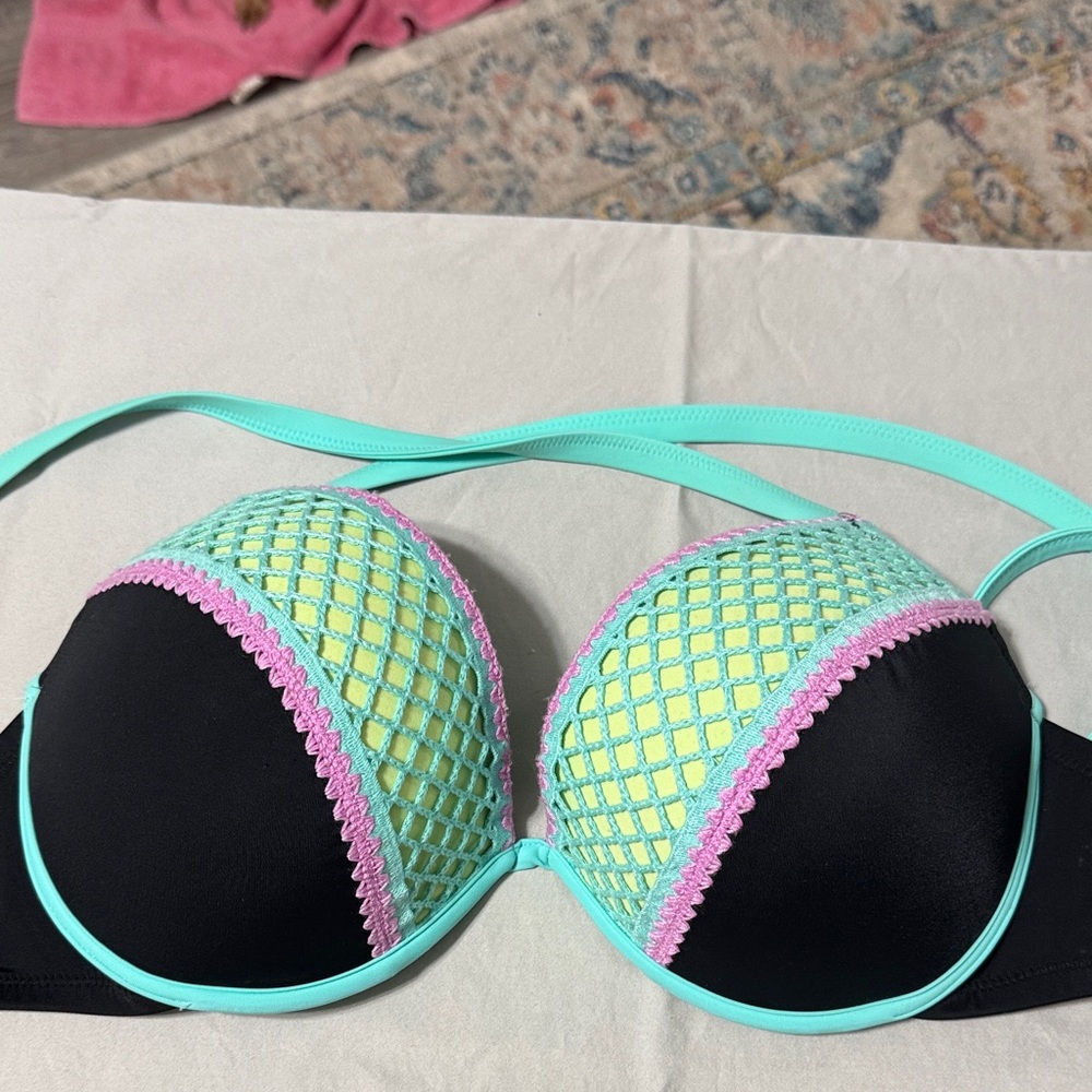 Shade & Shore Black Push-Up Bra with Mint Straps and Yellow-Mint Crochet